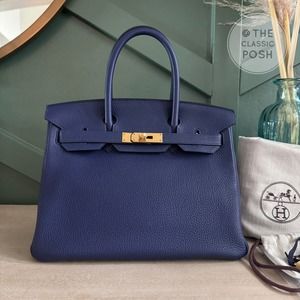 EUC Hermes Birkin 30 Epsom Blue Nuit Gold HW Tote Bag C Stamp 2018